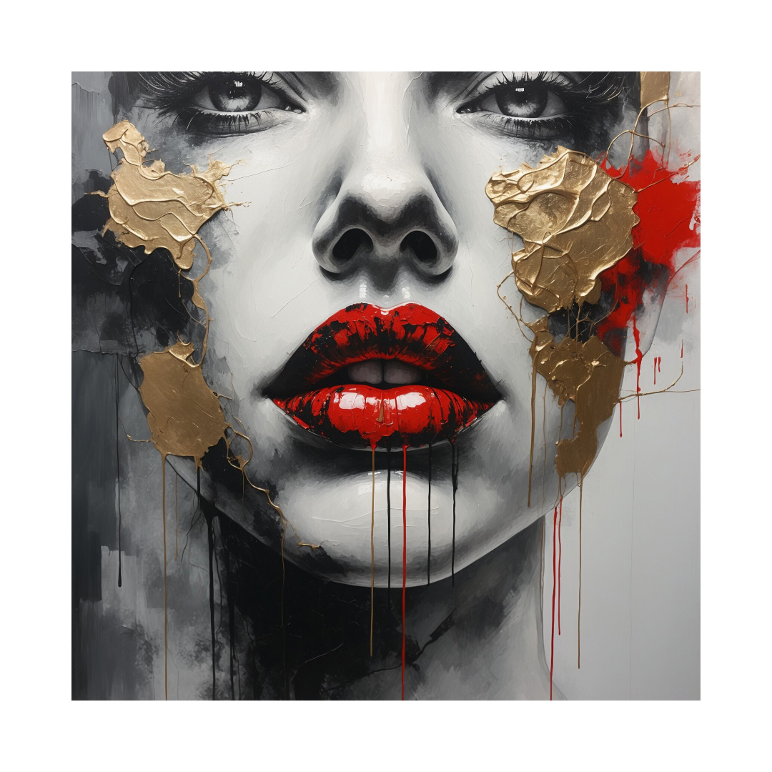 Textured Oil Painting Woman Face Gold Gray Red Canvas Wall Art (2026-001-01)