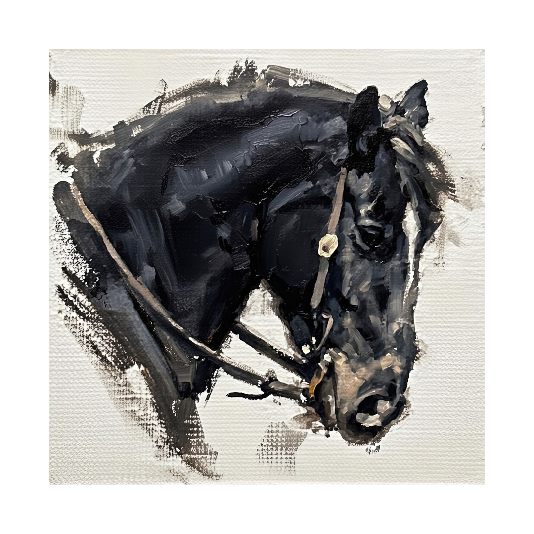 Original Black Horse Portrait Oil Painting on Canvas – Modern Wall Art – Handmade Large Art for Living Room or Office Decor (2026-008-01)
