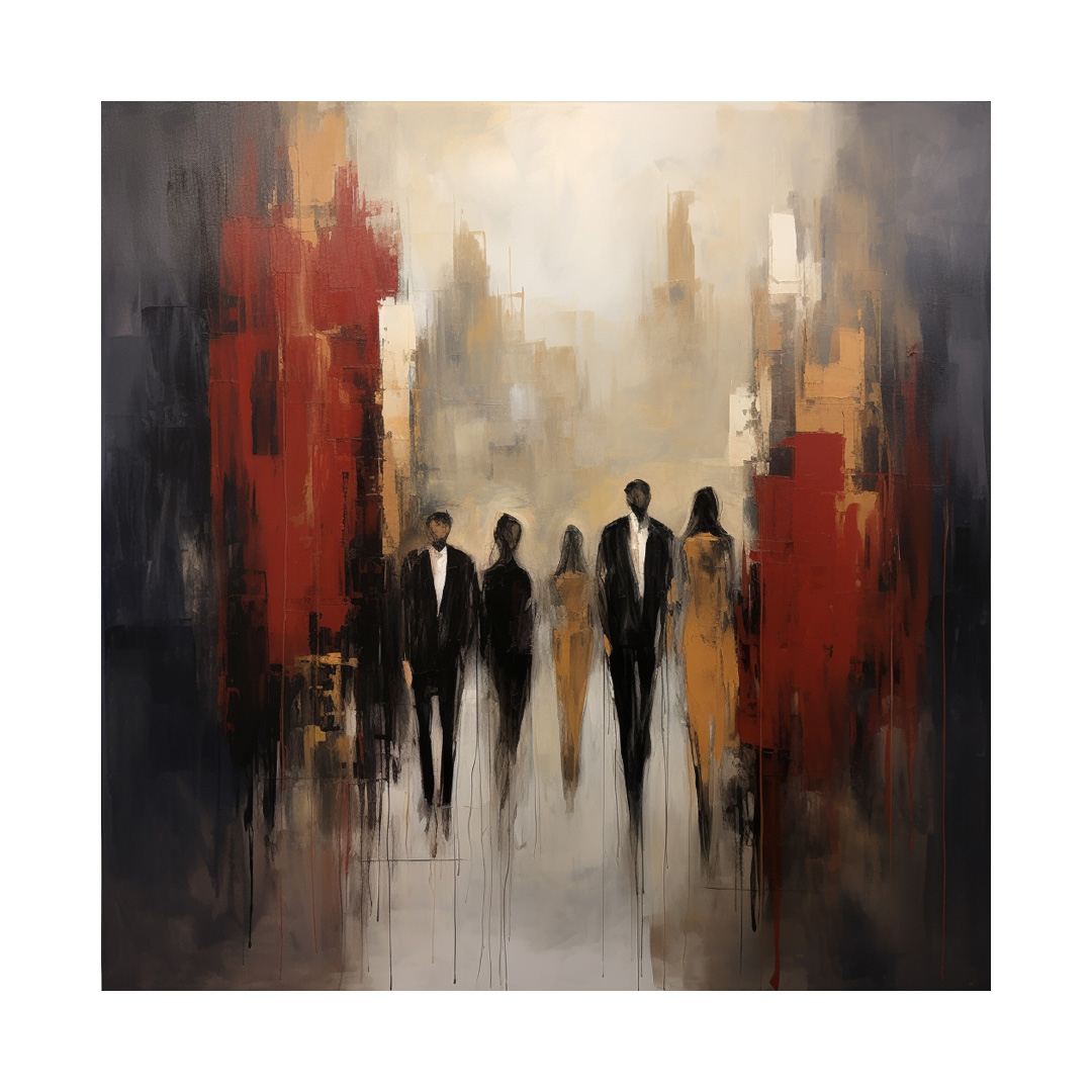 Handmade Walking Figures in Street: Red, Beige and Black Painting Art (KT1539)