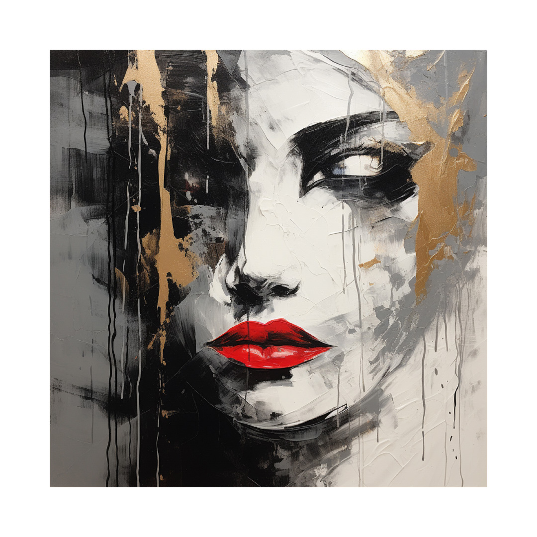 Textured Woman Face Oil Painting: Black, White & Gold Abstract Art (KT696)