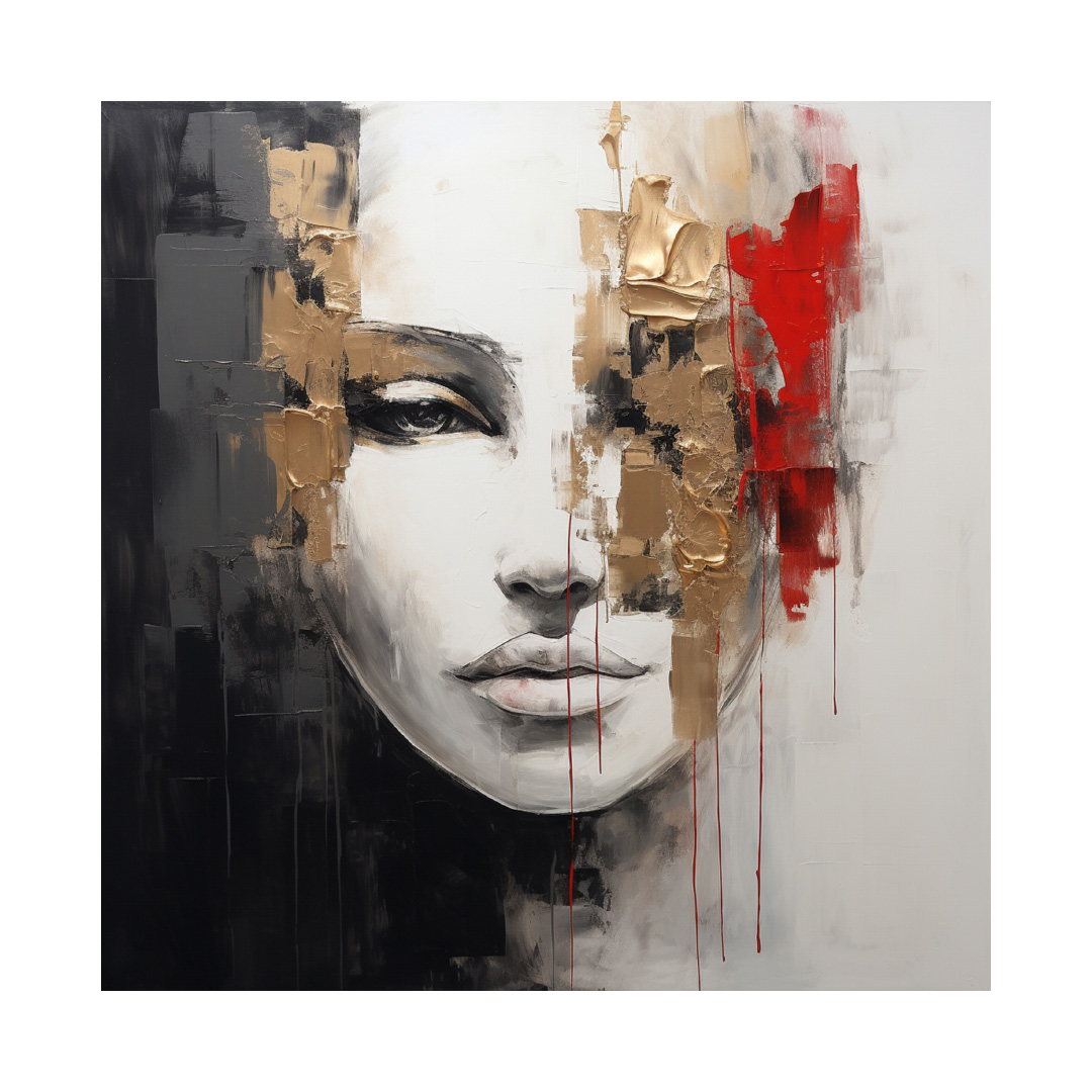 Handmade Woman Face Oil Painting – Red, Gold & Black Abstract Art (KT868)