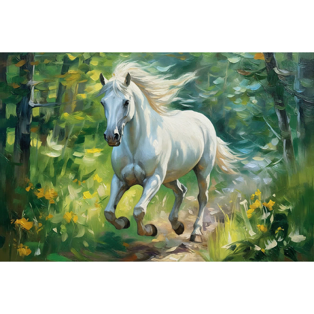 Textured Oil Painting: White Horse in Forest - Abstract Landscape Art (YT068)