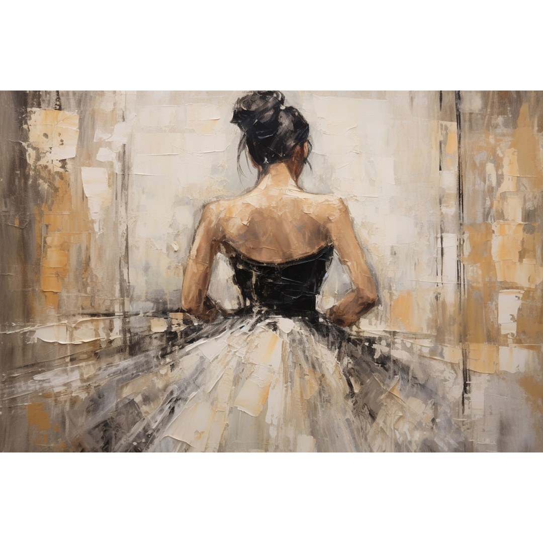 Ballerina Oil Painting on Canvas – Beige, Black Textured Art (YT094)