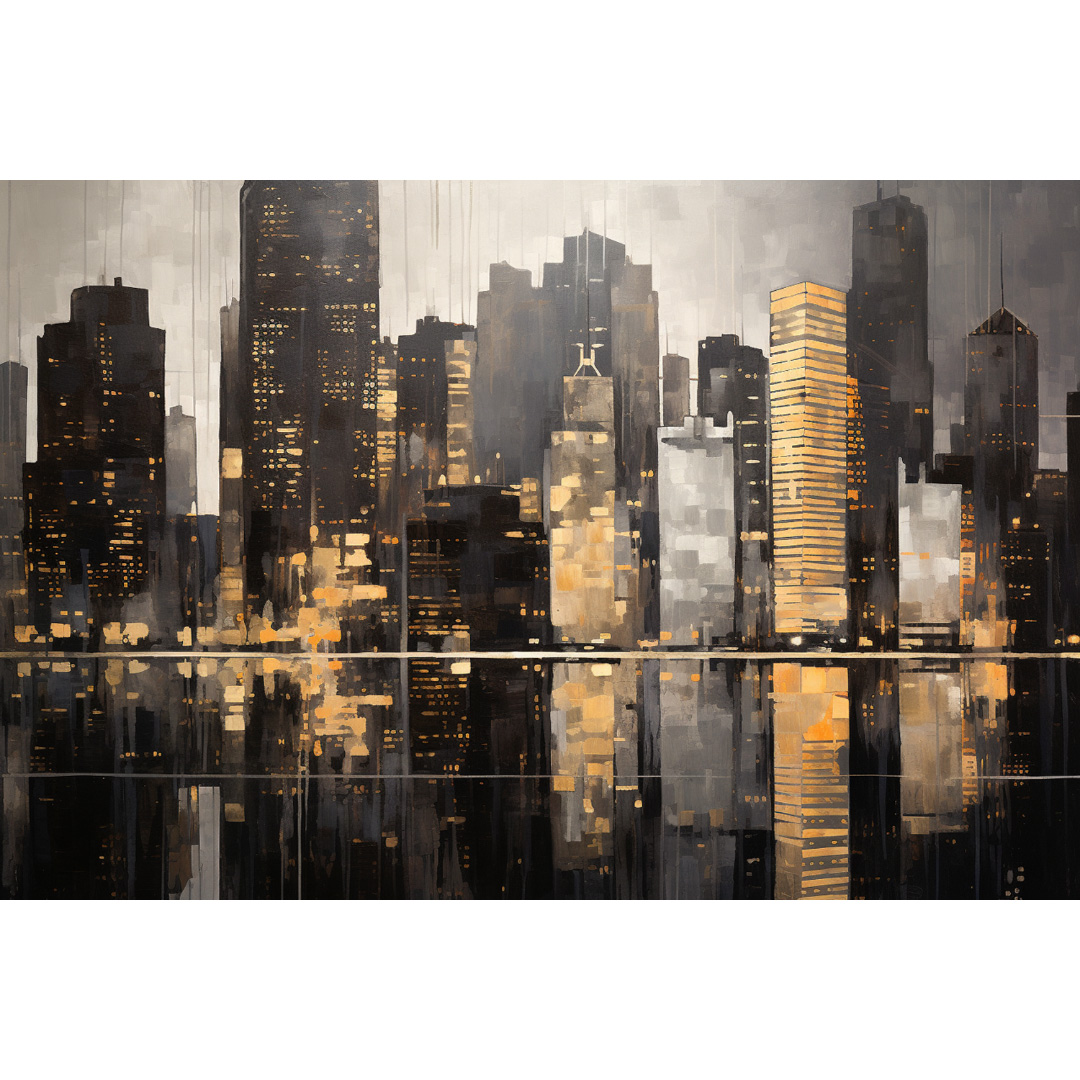 Original Gold Black City View Oil Painting on Canvas – Abstract & Modern Wall Art – Handmade Large Art for Living Room or Office Decor (YT550)